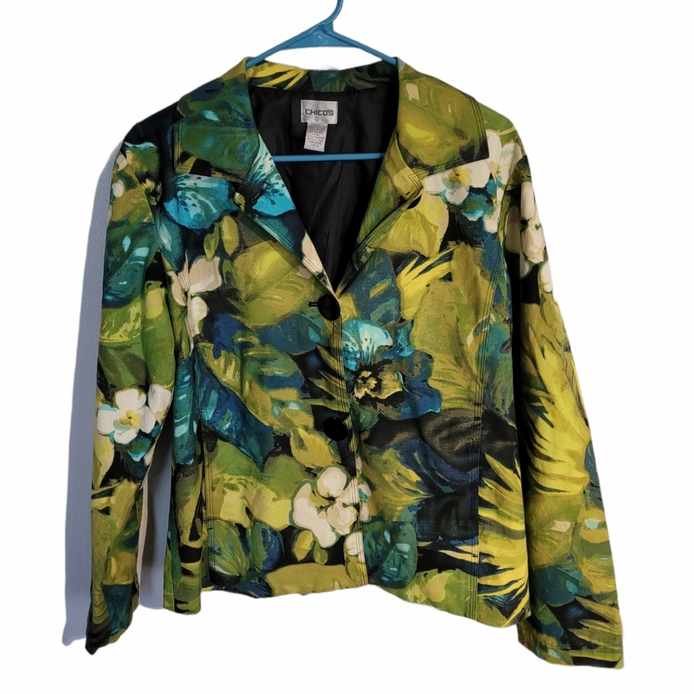 Chicos Floral Green Turquoise Button Blazer Jacket